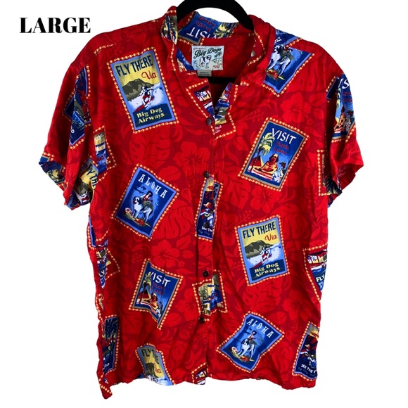LARGE Red BIG DOGS Aloha Button Up Women’s Shirt World Travel Stamps St. Bernard - Picture 1 of 3